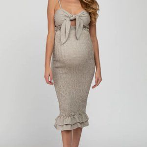 Pink Blush Mocha Gingham Print Smocked Fitted Self-Tie Maternity Midi Dress NWT